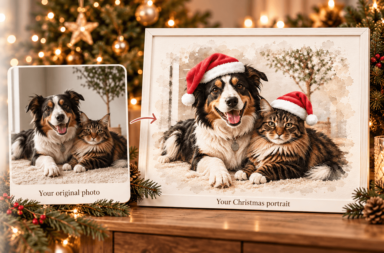 The original photo of a dog and a cat beside their Christmas watercolour portrait in Santa hats
