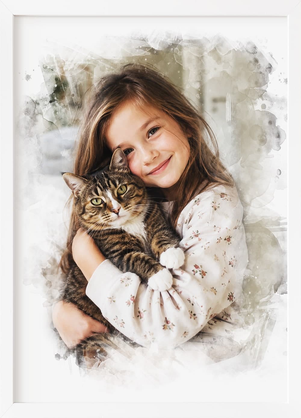 The watercolour portrait of a girl holding her cat, shown framed