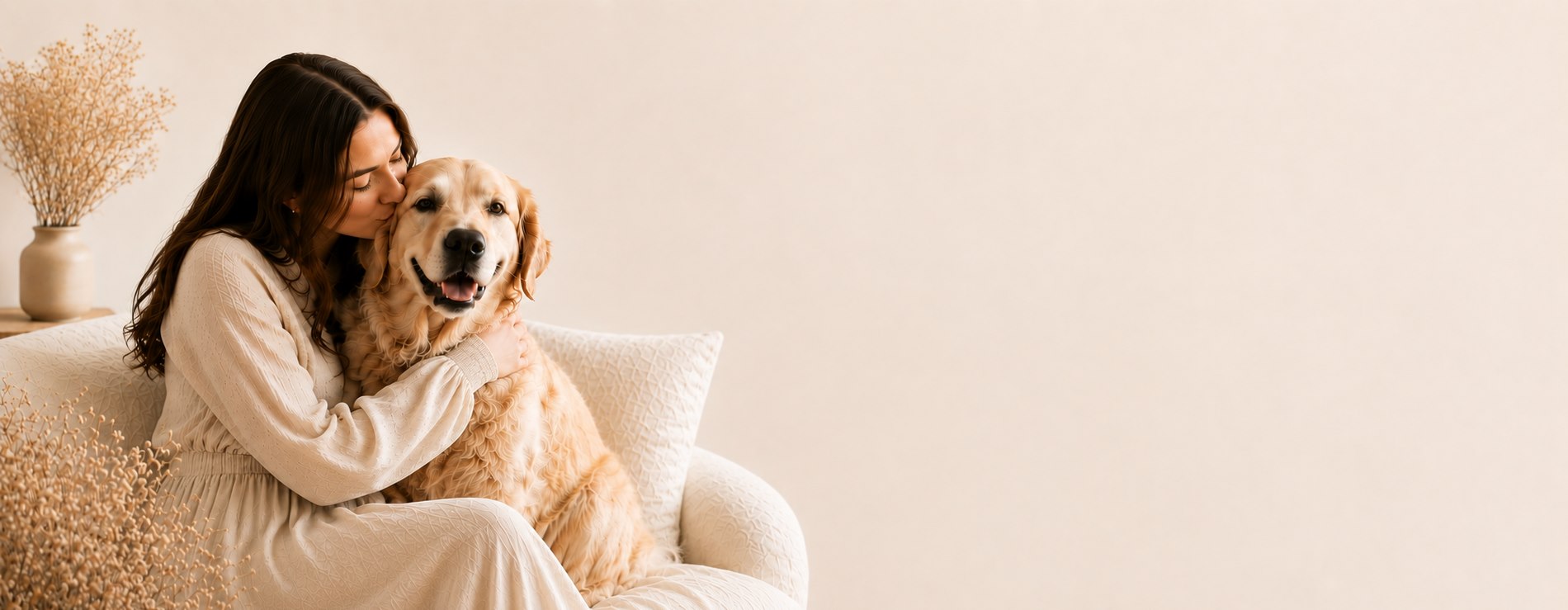 Sara sitting in an armchair, hugging and kissing her golden retriever