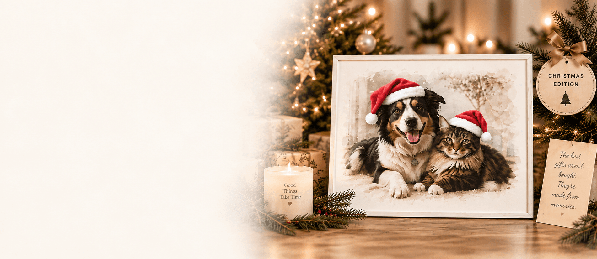 A Christmas watercolour portrait of a dog and a cat in Santa hats